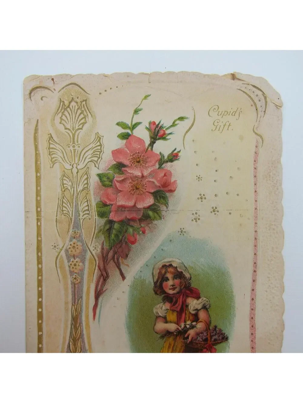 Valentine Card Girl Bonnet Yellow Dress Flowers Embossed Die cut Bifold Antique
